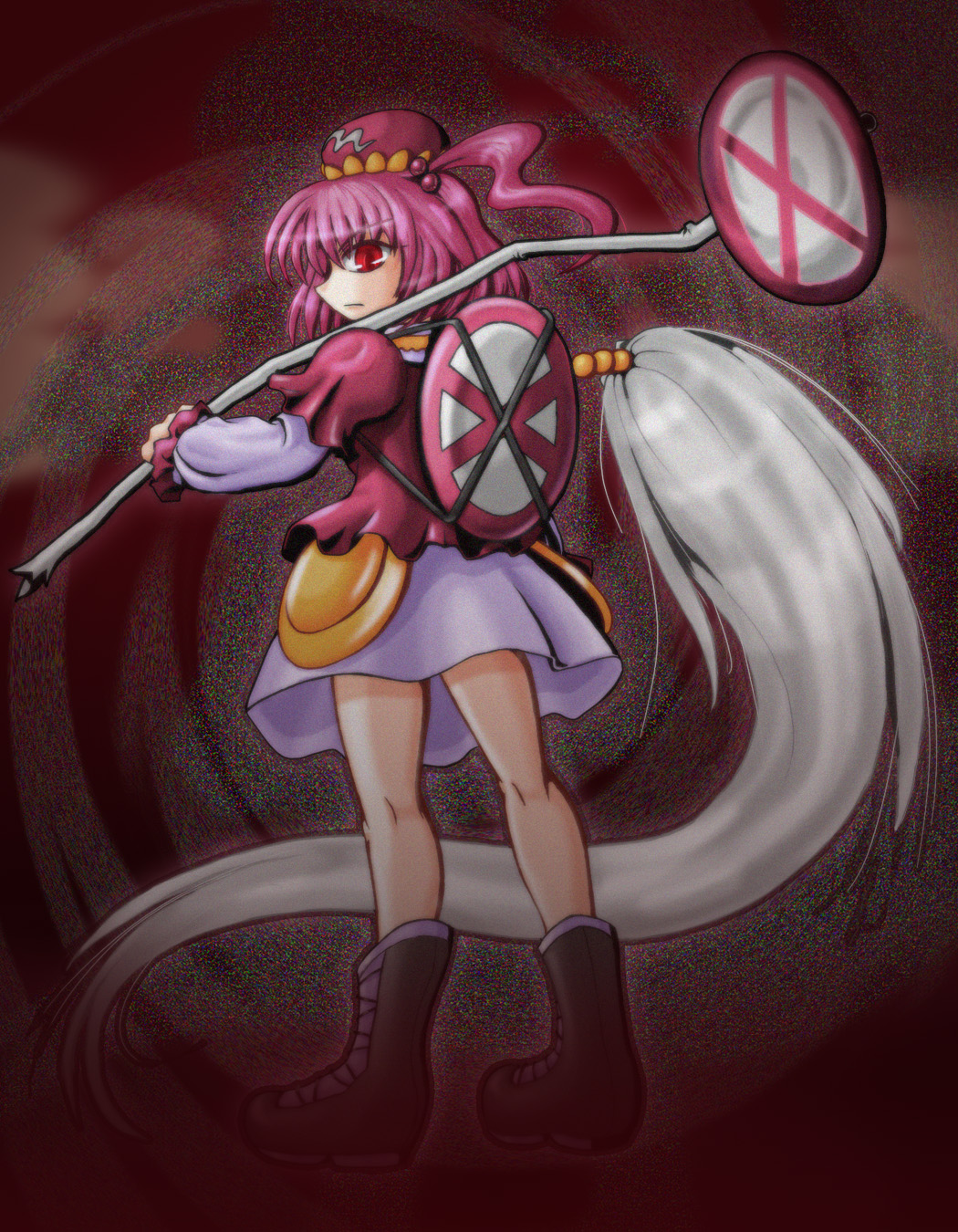 1girl, boots, from_behind, hair_bobbles, hair_ornament, hat, highres, kappa