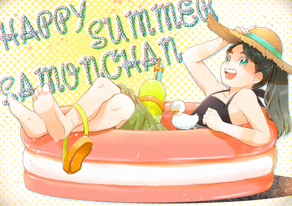 1boy, 58_(scbaby), androgynous, barefoot, black_tank_top, character_name, goggles, happy_birthday
