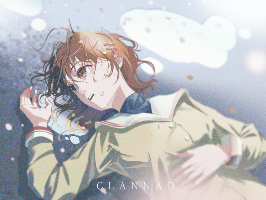 1girl, absurdres, antenna_hair, brown_eyes, brown_hair, clannad, falling_petals, film_grain