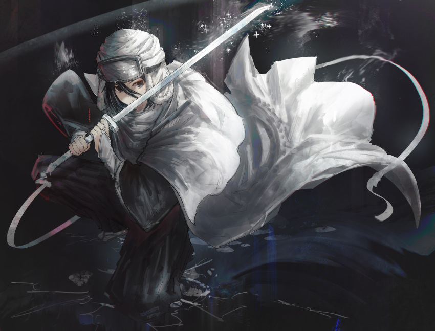 1girl, absurdres, black_eyes, black_hair, black_kimono, black_pants, bleach, cape
