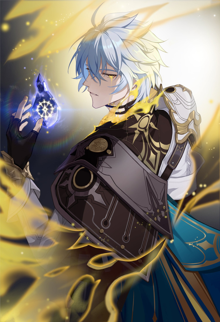 1boy, antenna_hair, armor, black_choker, black_gloves, black_shirt, blood, blood_from_eyes
