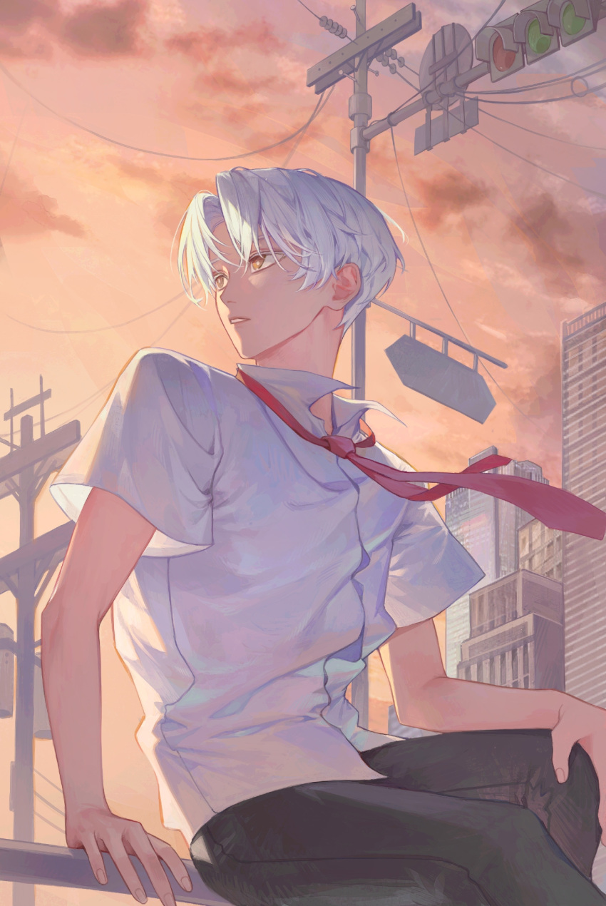 0gong0, 1boy, black_pants, bright_pupils, cowboy_shot, highres, looking_to_the_side, male_focus, necktie, nose, original, pants, parted_bangs, parted_lips, red_necktie, shirt, short_hair, short_sleeves, sitting, solo, teeth, white_hair, white_pupils, white_shirt, yellow_eyes