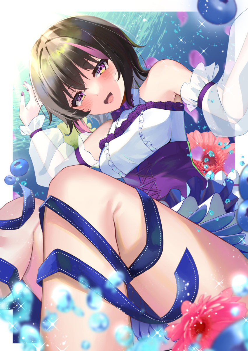 1girl, :d, absurdres, black_hair, blurry, blurry_foreground, blush, breasts, corset, depth_of_field, detached_sleeves, flower, frills, highres, looking_at_viewer, medium_breasts, multicolored_hair, nail_polish, nekouta, ongeki, open_mouth, ribbon, short_hair, smile, solo, sparkle, violet_eyes, yuuki_riku, yuuki_riku_(herbarium_fairies)_(ongeki)