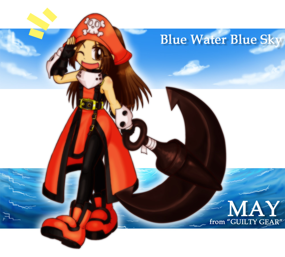 1girl, anchor, black_gloves, black_leggings, blue_sky, boots, brown_hair, character_name, clouds, fingerless_gloves, gloves, guilty_gear, guilty_gear_xx, hair_up, hat, hat_ornament, holding, holding_anchor, leggings, long_hair, looking_at_viewer, mail_(mail_gell), may_(guilty_gear), ocean, one_eye_closed, orange_boots, orange_hat, orange_skirt, pirate, pirate_hat, skirt, skull_and_crossbones, skull_hat_ornament, sky, sleeveless, smile, solo
