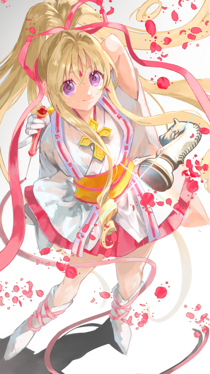 1girl, 58_(scbaby), absurdres, blonde_hair, boots, chess_piece, closed_mouth, facial_mark, forehead_mark, full_body, hair_ribbon, highres, japanese_clothes, kamikaze_kaitou_jeanne, knight_(chess), kusakabe_maron, long_hair, looking_at_viewer, petals, ponytail, ribbon, solo, very_long_hair, violet_eyes, white_background, white_boots