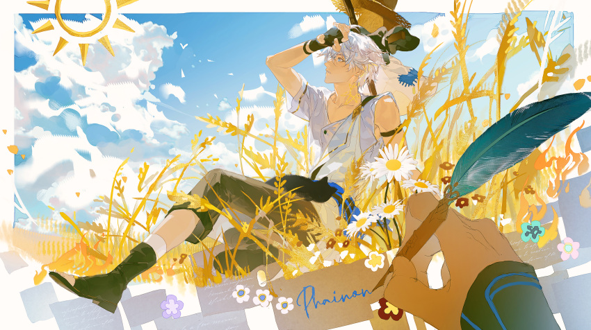 1boy, absurdres, ankle_boots, antenna_hair, arm_belt, asymmetrical_sleeves, black_gloves, blue_eyes