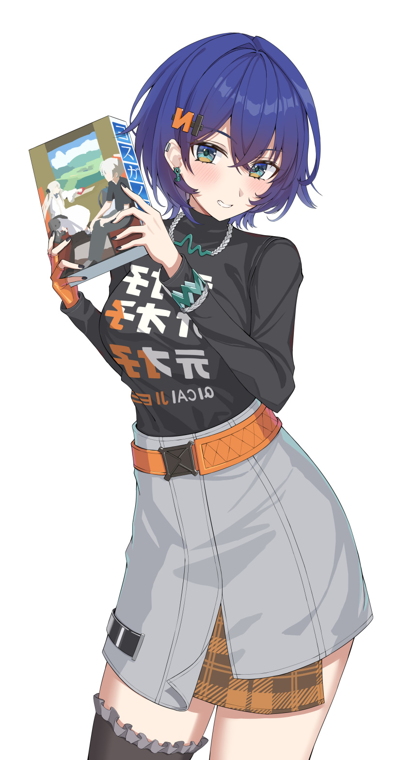 1girl, absurdres, belle_(zenless_zone_zero), black_nails, black_shirt, blue_hair, blush, cowboy_shot