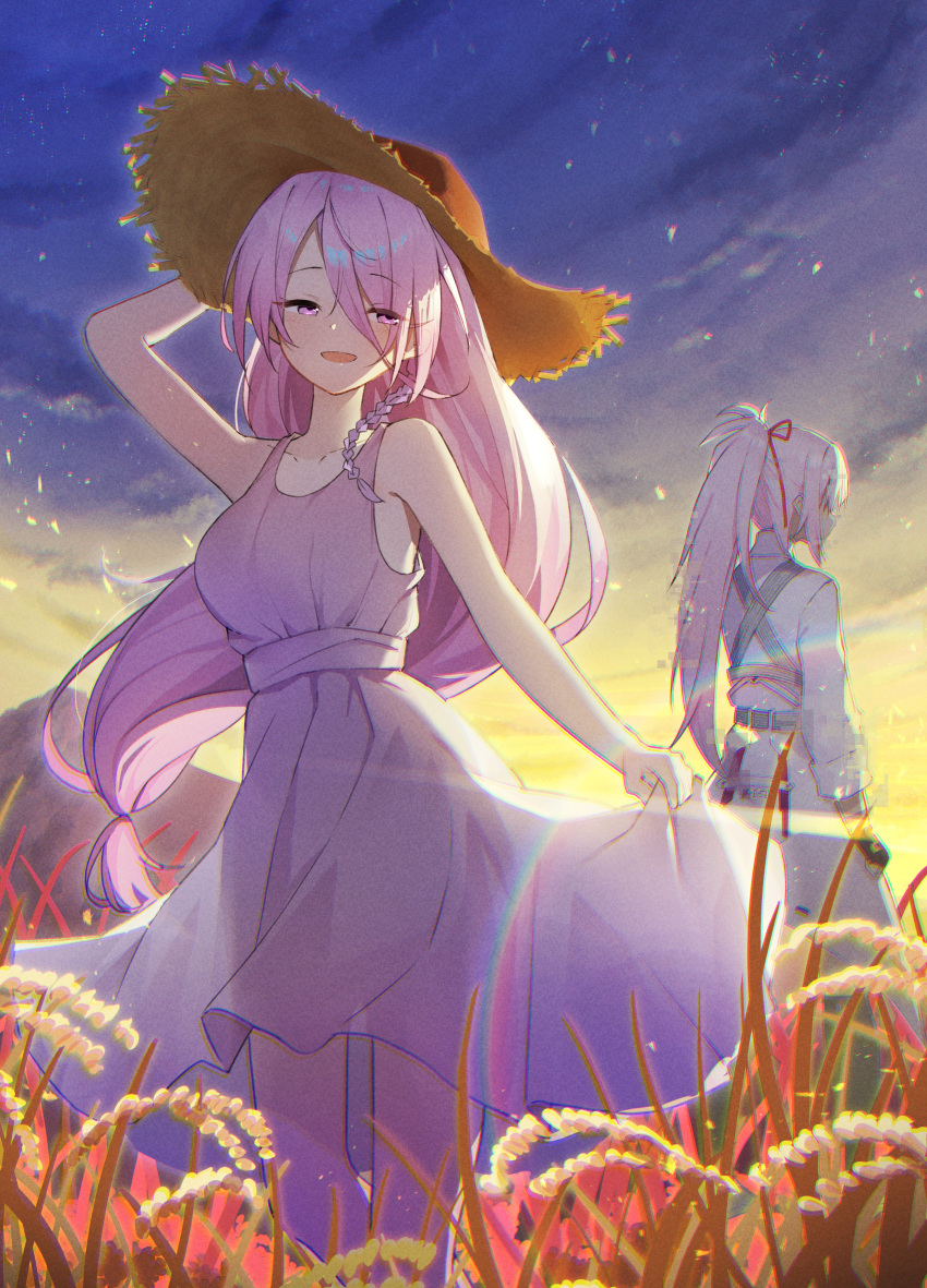 2girls, absurdres, braid, breasts, chest_harness, dawn, hair_over_one_eye, harness, heaven_burns_red, highres, kura_satomi, large_breasts, long_hair, multiple_girls, pink_hair, ponytail, red_eyes, red_ribbon, ribbon, rinki_oohen, tsukishiro_monaka, wheat_field