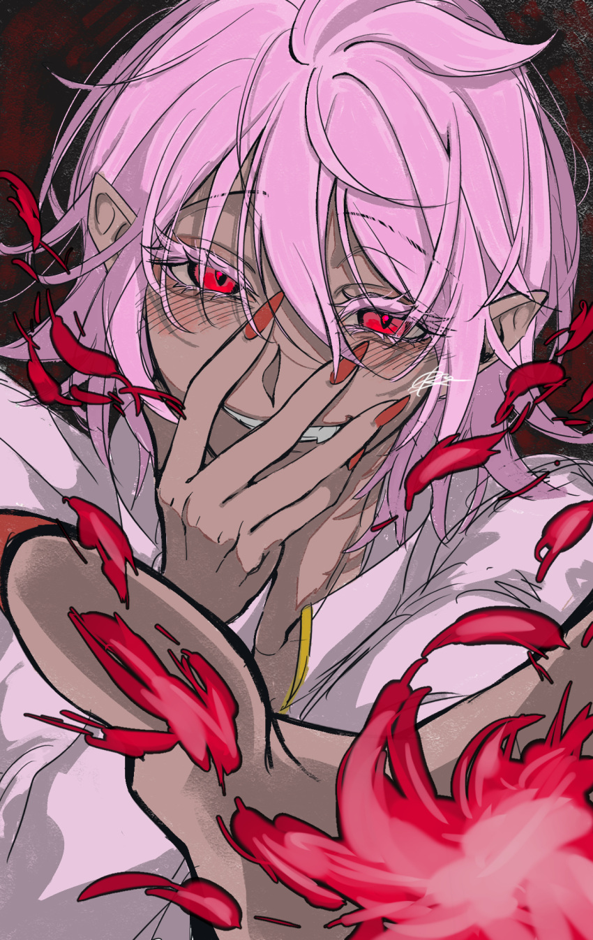 1boy, asmodeus_alice, blush, fang, grin, hair_between_eyes, hand_up, highres