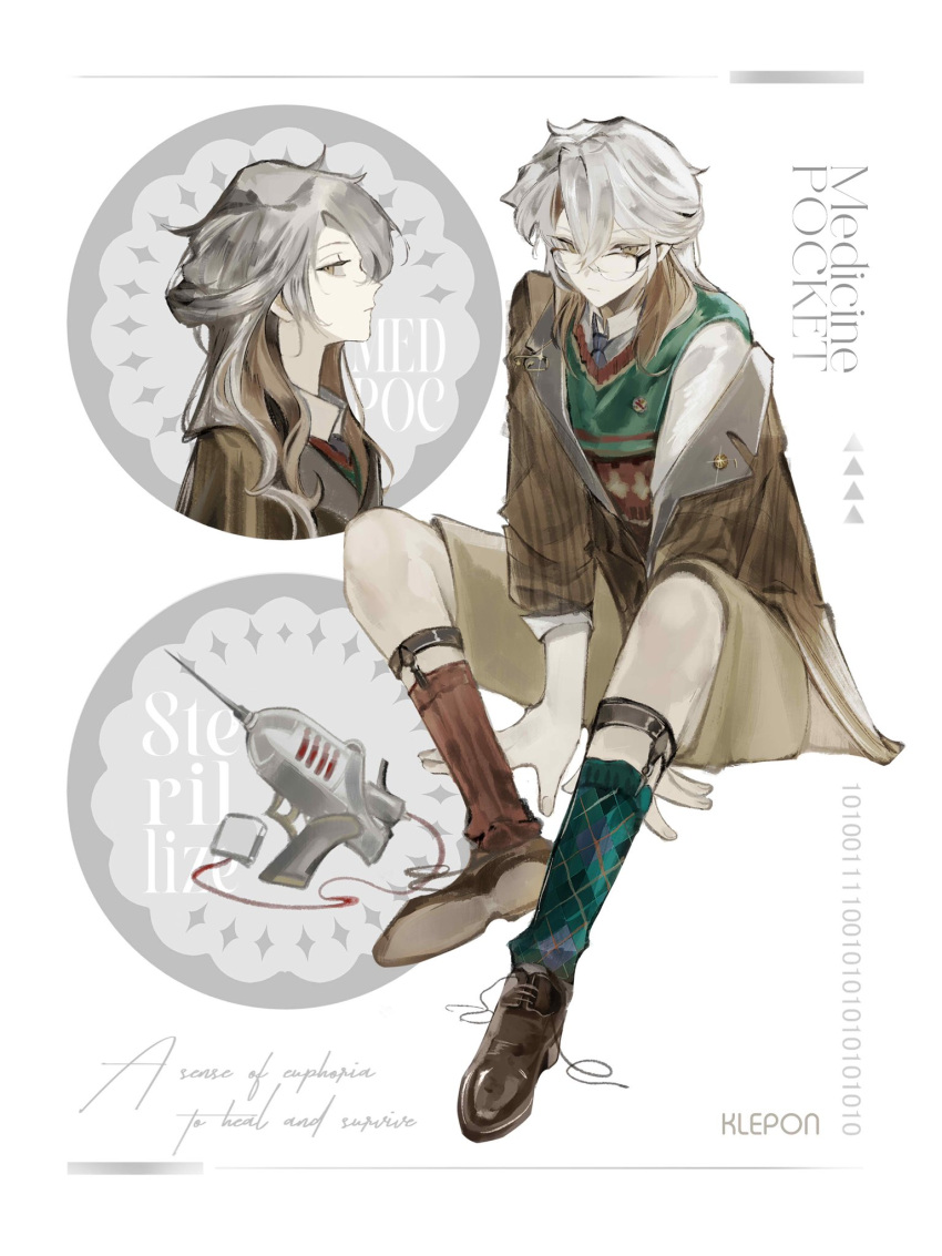 1other, asymmetrical_legwear, between_legs, brown_hair, brown_jacket, brown_shoes, brown_shorts, character_name, colored_tips, english_text, full_body, glasses, green_socks, green_vest, hand_between_legs, highres, jacket, klepon, legwear_garter, long_hair, medicine_pocket, medicine_pocket_(the_cosmos_photographer), mismatched_legwear, multicolored_hair, multiple_views, official_alternate_costume, open_clothes, open_jacket, red_socks, reverse:1999, shirt, shoes, shorts, single_off_shoulder, sitting, socks, sweater_vest, vest, white_background, white_hair, white_shirt, yellow_eyes