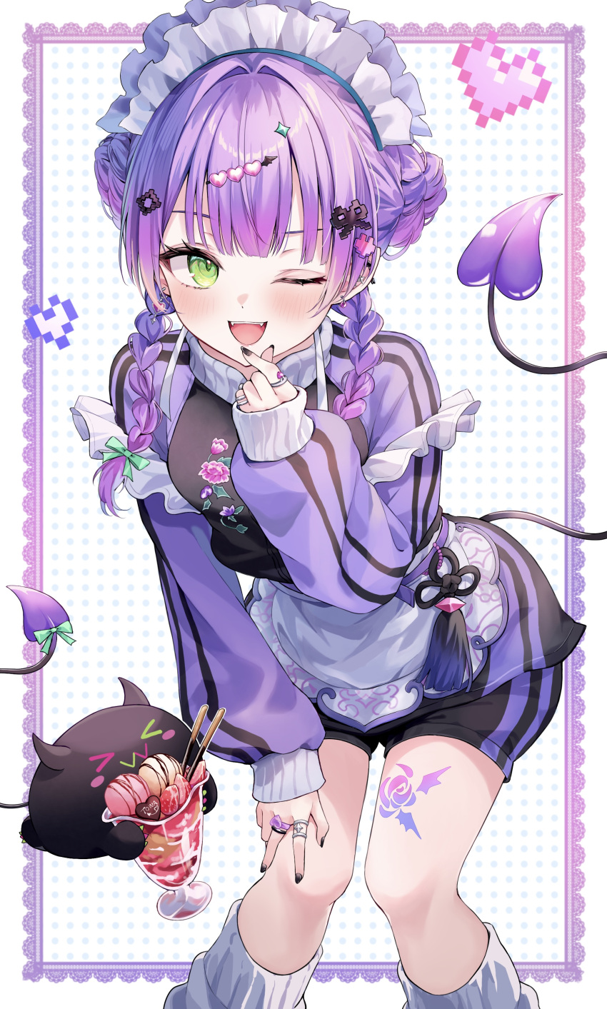 1girl, ;d, absurdres, aoha_(aohasora), apron, bibi_(tokoyami_towa), black_jacket, braid, braided_bun, commentary_request, demon_girl, demon_tail, double_bun, ear_piercing, fangs, finger_heart, floral_print_jacket, gradient_hair, green_eyes, grey_leg_warmers, hair_bun, hair_ornament, hair_over_shoulder, hairclip, hand_on_own_knee, hand_up, heart, heart_hair_ornament, highres, hololive, jacket, jersey_maid, jewelry, knees_together_feet_apart, leaning_forward, leg_warmers, long_hair, looking_at_viewer, maid, maid_apron, maid_headdress, multicolored_hair, multiple_rings, official_alternate_costume, official_alternate_hairstyle, one_eye_closed, open_mouth, piercing, pink_hair, pixel_heart, pointy_ears, purple_hair, purple_sleeves, raglan_sleeves, ring, sleeves_past_wrists, smile, solo, tail, teeth, tokoyami_towa, tokoyami_towa_(8th_costume), track_jacket, twin_braids, unconventional_maid, upper_teeth_only, virtual_youtuber
