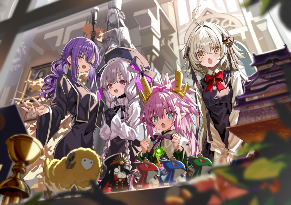 4girls, ahoge, bell, beret, blonde_hair, blue_eyes, blush, bow, braid, character_doll, csejte_pyramid_himeji_castle, doll, dragon, dragon_girl, dragon_horns, dumuzid_(fate), eliza_the_nine-tattooed_dragon_(fate), fate/grand_order, fate_(series), grey_hair, hair_between_eyes, hair_bow, hair_ribbon, hat, holy_grail_(fate), horns, jeanne_d'arc_alter_santa_lily_(fate), johanna_(fate), leonardo_da_vinci_(fate), long_hair, mini_nobu_(fate), multiple_girls, nursery_rhyme_(fate), oda_nobunaga_(fate), official_art, open_mouth, parvati_(fate), pink_hair, pointy_ears, ponytail, promotional_art, purple_hair, ribbon, second-party_source, shino_(eefy), smile, statue, twin_braids, violet_eyes, yellow_eyes