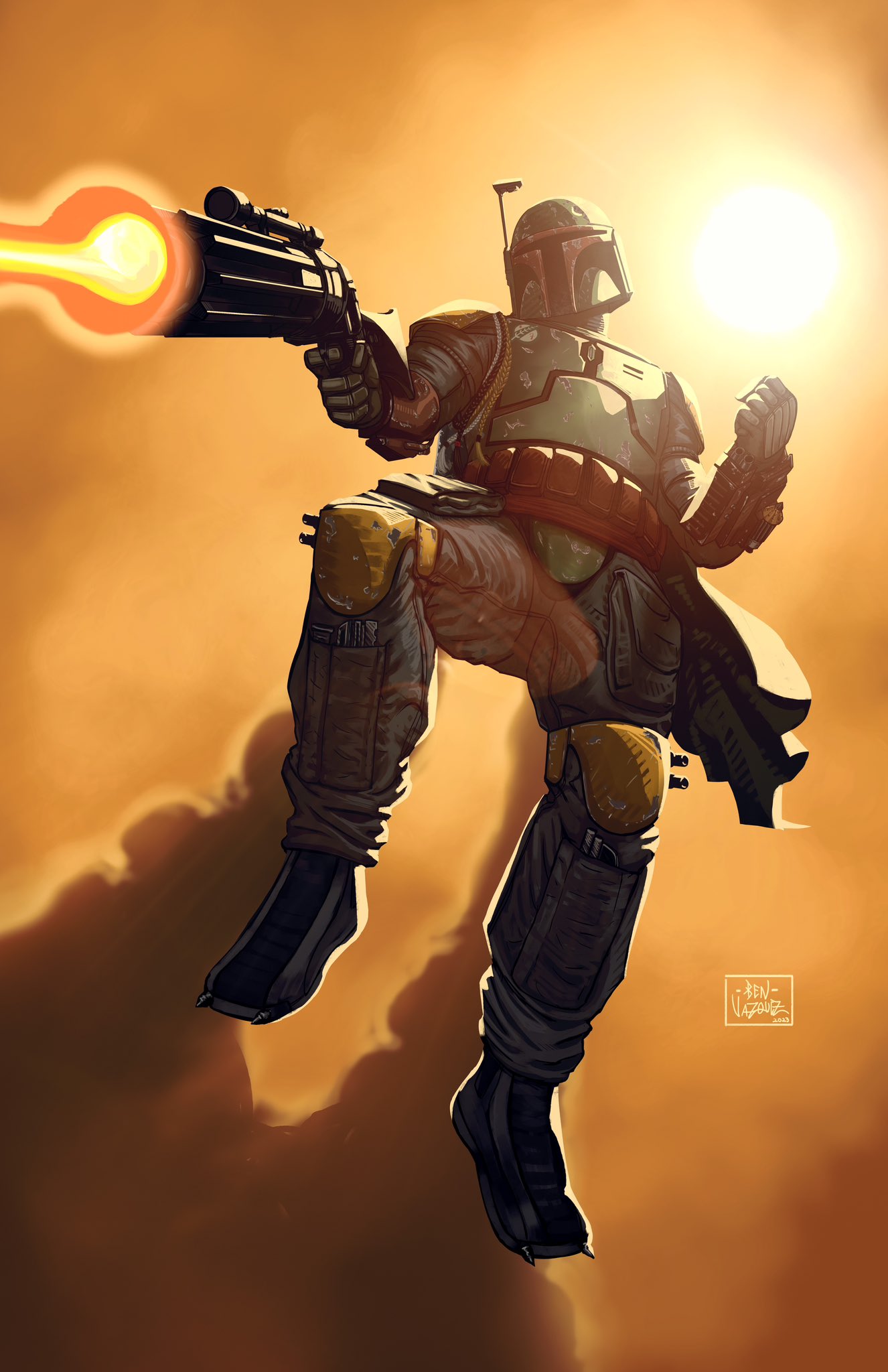 armor, artist_name, boba_fett, firing, from_below, gun, helmet, highres, holding, holding_gun, holding_weapon, mandalorian, mandalorian_armor, mandalorian_helmet, may_the_4th, metaworks818, muzzle_flash, outdoors, solo, star_wars, weapon