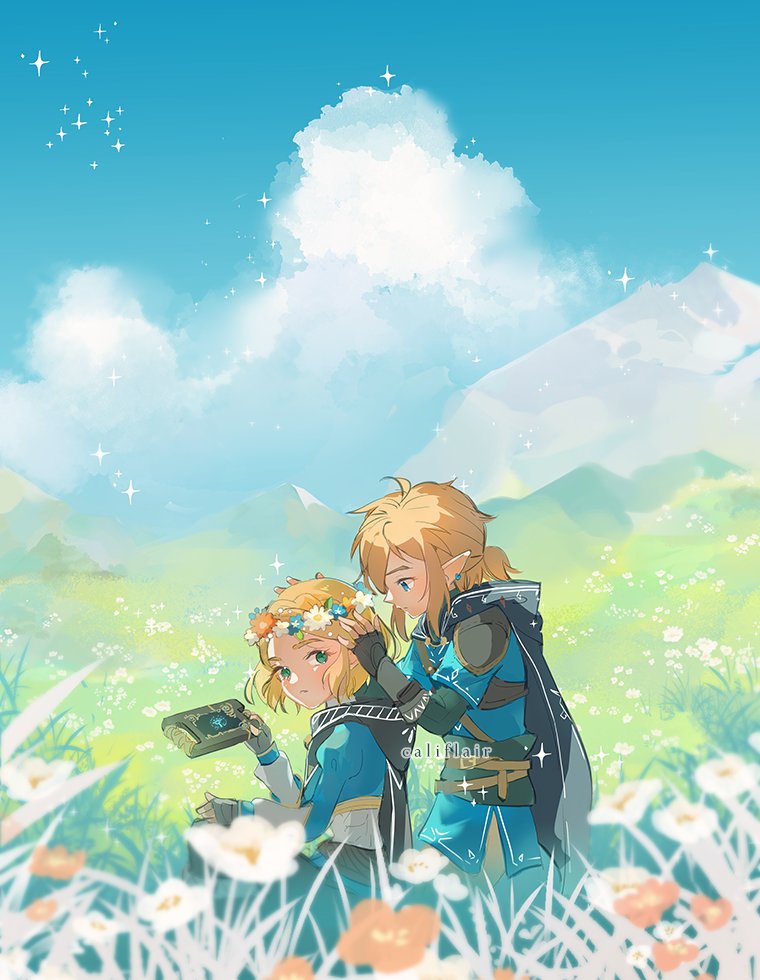 1boy, 1girl, artist_name, black_cape, black_gloves, blonde_hair, blue_eyes, blue_shirt