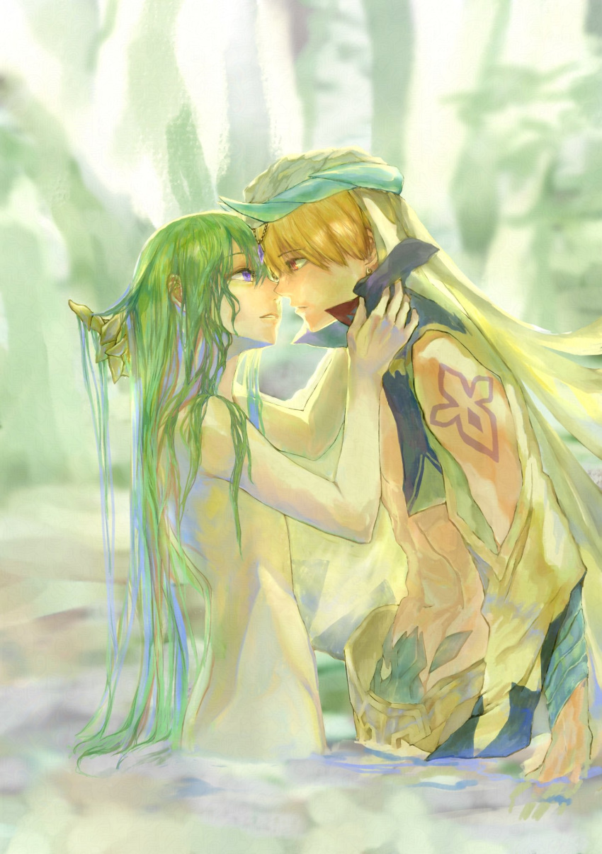 1boy, 1other, androgynous, arabian_clothes, blonde_hair, cropped_vest, earrings, econemereasso, enkidu_(fate), face-to-face, fate/grand_order, fate_(series), gilgamesh_(caster)_(fate), gilgamesh_(fate), green_hair, hair_between_eyes, head_chain, highres, jewelry, kingu_(fate), long_hair, open_mouth, other_with_male, red_eyes, short_hair, tattoo, topless_other, turban, vest, violet_eyes, wading, water, wet, wet_hair