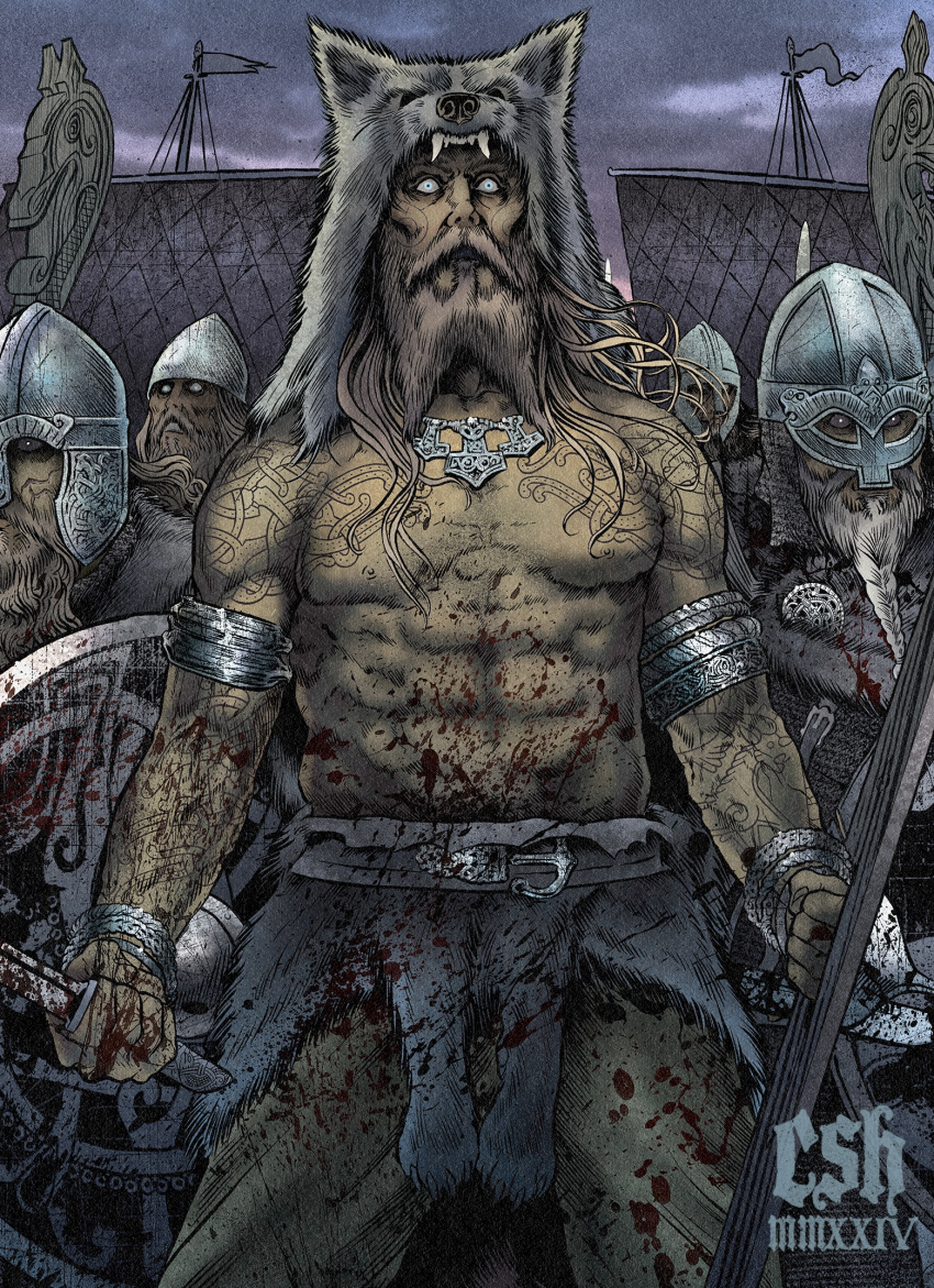 5boys, armor, beard, belt, belt_buckle, blonde_hair, blood, blood_on_weapon, brown_hair, buckle, chainmail, christian_sloan_hall, dual_wielding, facial_hair, grey_eyes, grey_hair, helmet, highres, holding, holding_sword, holding_weapon, longship, metal_armband, mjolnir_pendant, multiple_boys, original, pelt, roman_numeral, shield, solo_focus, sword, tattoo, topless_male, viking, warrior, weapon, wolf_pelt