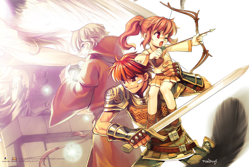 1girl, 2boys, bow, carrying, fighting_stance, highres, holding, holding_weapon