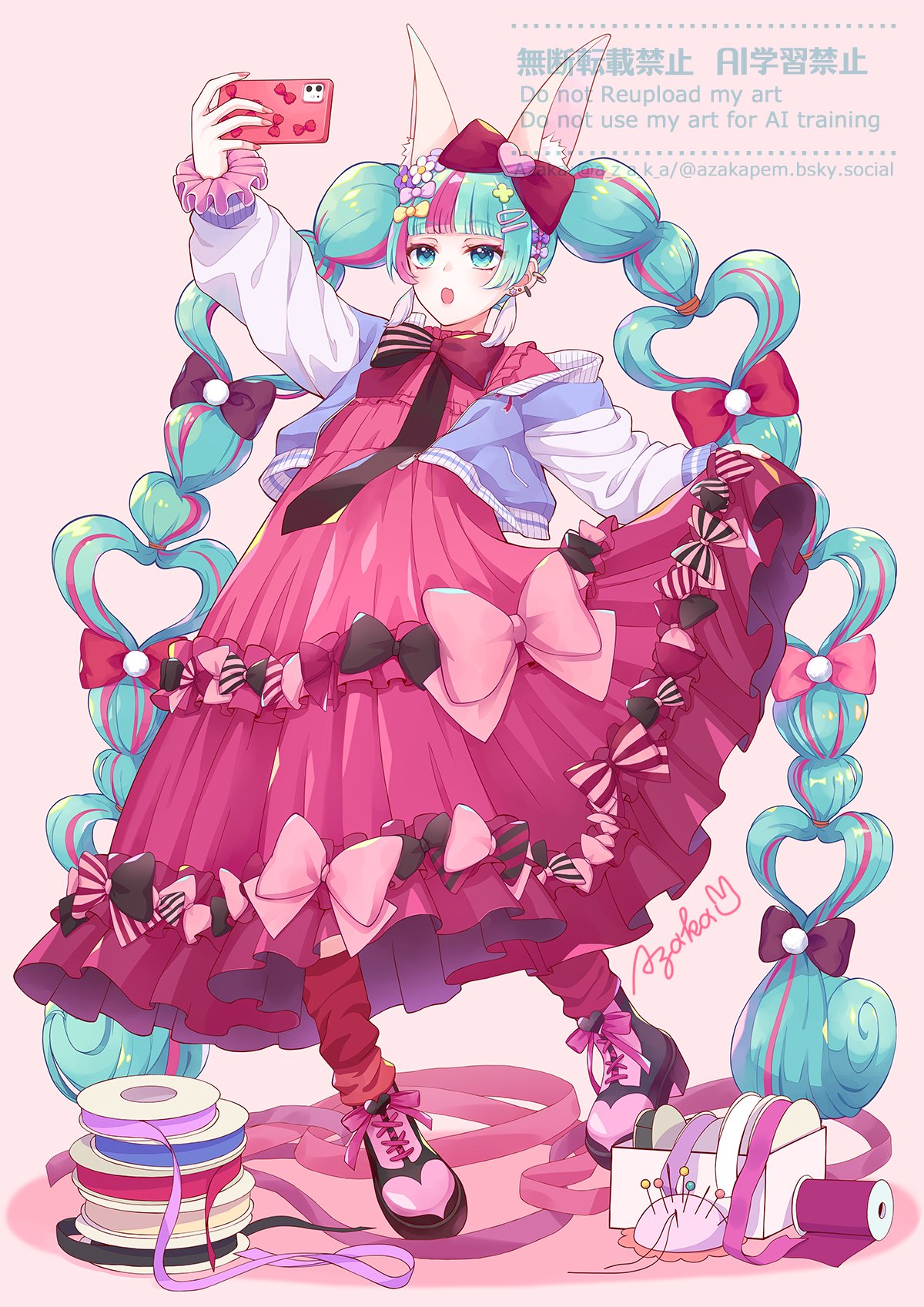 1girl, animal_ears, aqua_hair, azaka_(pipponao), black_bow, blue_jacket, boots, bow