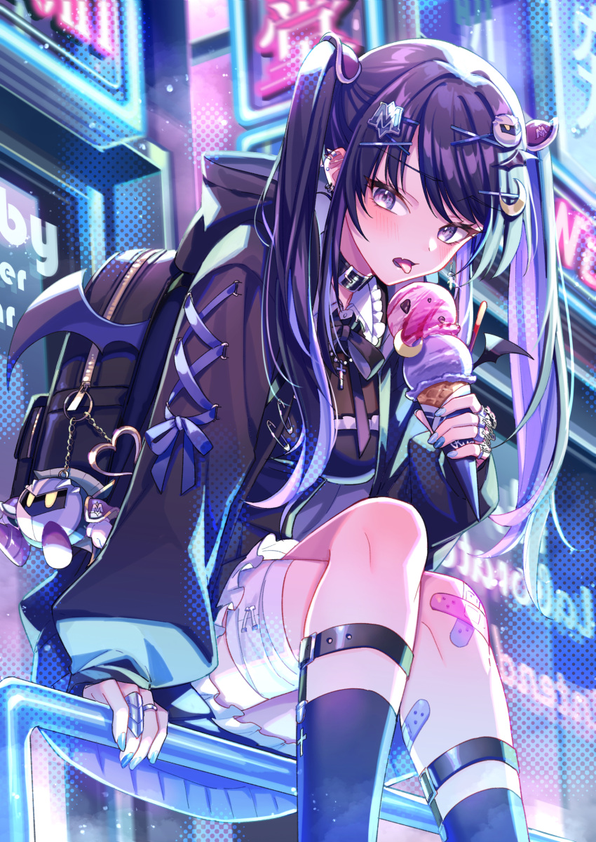 1girl, absurdres, backpack, bag, bag_charm, bandaged_leg, bandages, black_hair, black_shirt, black_socks, blue_nails, blue_ribbon, character_charm, character_hair_ornament, charm_(object), collared_shirt, commentary_request, contrast_collar, crescent, crescent_hair_ornament, crossed_legs, fang, feet_out_of_frame, food, frilled_shirt_collar, frills, hair_ornament, highres, holding, holding_food, holding_ice_cream, ice_cream, jirai_kei, kirby_(series), letter_hair_ornament, long_hair, long_sleeves, looking_at_viewer, meta_knight, multicolored_hair, multiple_scoops, nail_polish, open_mouth, original, puffy_long_sleeves, puffy_sleeves, purple_hair, ribbon, shirt, sitting, skin_fang, sleeve_ribbon, socks, solo, suzaku_(zaku6584), tongue, tongue_out, twintails, two-tone_hair, violet_eyes