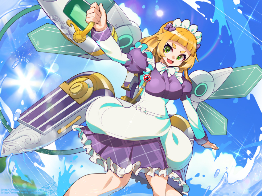 1girl, :d, apron, aqua_(last_origin), blonde_hair, blue_sky, blunt_bangs, blush