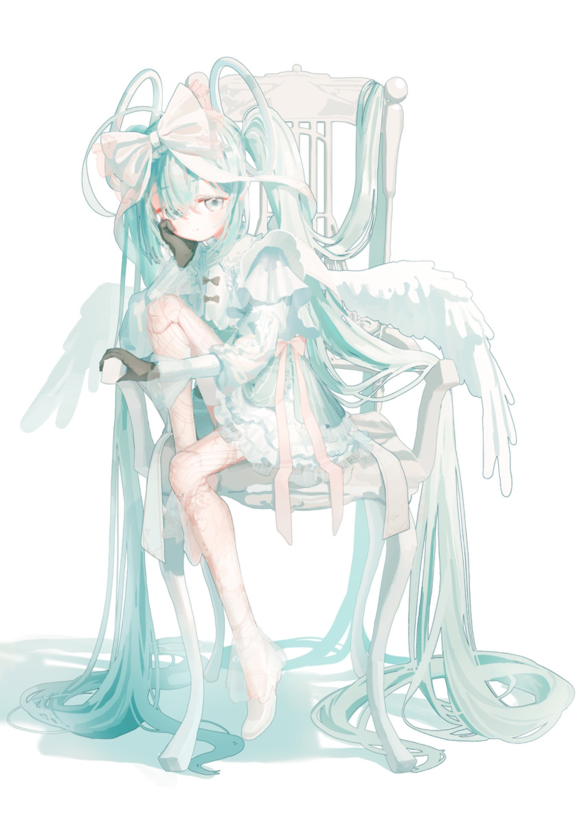1girl, alternate_hair_color, angel, angel_wings, bow, chair, classic_lolita, cute_x_subculture_hatsune_miku_design_contest