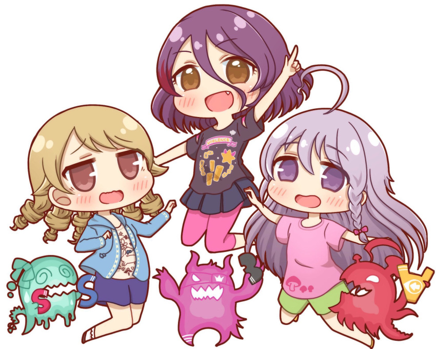 3girls, ahoge, black_shirt, blue_coat, braid, brown_eyes, brown_hair, chibi, chibi_only, coat, drill_hair, fang, food_print, frilled_socks, frills, green_shorts, grey_eyes, grey_hair, hayasaka_mirei, highres, hoshi_syoko, huge_ahoge, idolmaster, idolmaster_cinderella_girls, individuals_(idolmaster), leggings, leggings_under_skirt, morikubo_nono, multiple_girls, mushroom, mushroom_print, open_mouth, patterned_clothing, pink_leggings, pink_shirt, pokkepocket, purple_hair, red_streaks, ringlets, shirt, shorts, side_braid, single_braid, skirt, smile, socks, wavy_mouth, white_background
