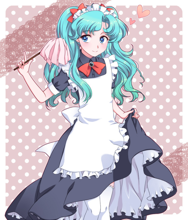 apron, awayuki_ramika, bishoujo_senshi_sailor_moon, blue_eyes, blue_hair, bow, dress, fish_eye_(sailor_moon), fisheye_(sailor_moon), frills, hair_ribbon, hairband, heart, long_hair, maid, male, necktie, payot, pointing, ribbon, slip_skirt, smile, solo, thigh-highs, thighhighs, trap, white_legwear, white_thighhighs