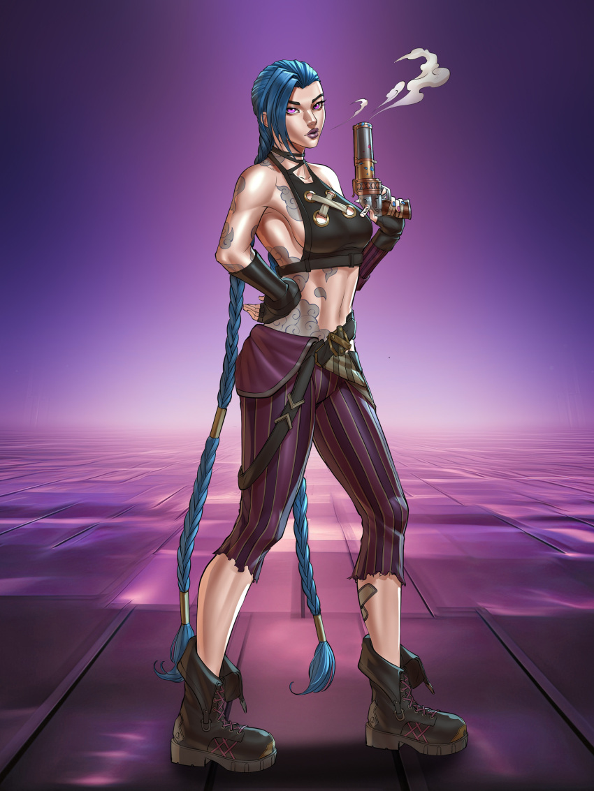 1girl, absurdres, arcane:_league_of_legends, arcane_jinx, arm_tattoo, asymmetrical_bangs, bare_shoulders, blowing