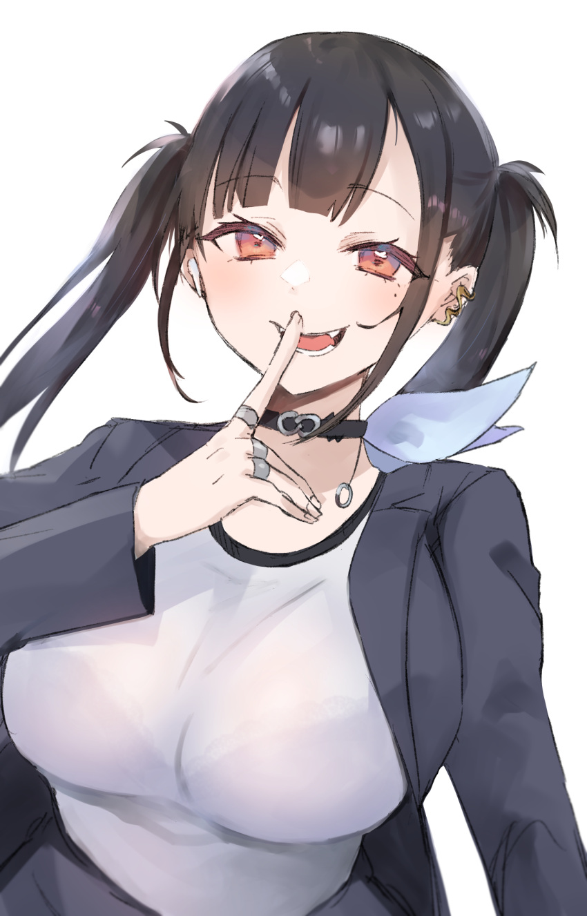 1girl, :d, black_hair, black_jacket, black_skirt, breasts, collarbone, commentary_request