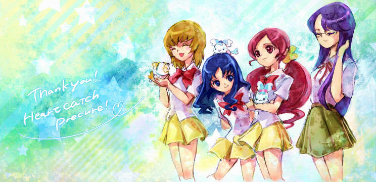 30, 4girls, ^_^, blue_eyes, blue_hair, bow, brown_hair, closed_eyes