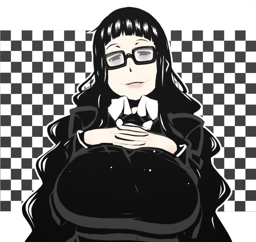 black_hair, breastrest, breasts, buchou_(houkago_play), curly_hair, glasses, gogyoo_hiroshi, grin