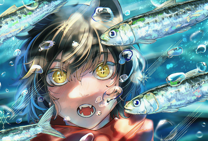 1girl, air_bubble, alt_text, animal_ears, black_hair, blurry, bubble, cat_ears