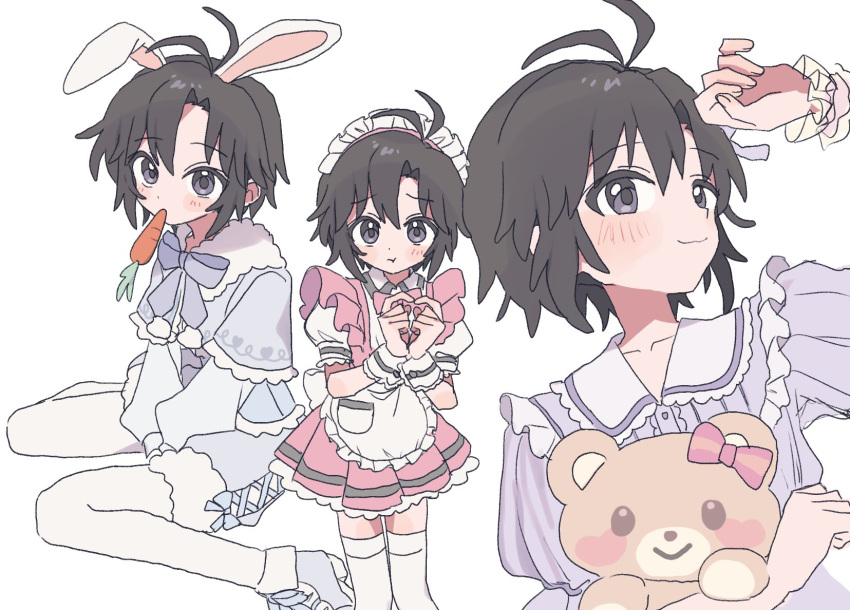 1girl, animal_ears, antenna_hair, apron, arm_up, arms_between_legs, black_eyes, black_hair
