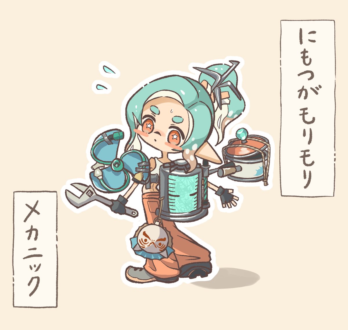 1girl, aqua_hair, brown_hair, colored_tips, commentary_request, flying_sweatdrops, holding, holding_wrench