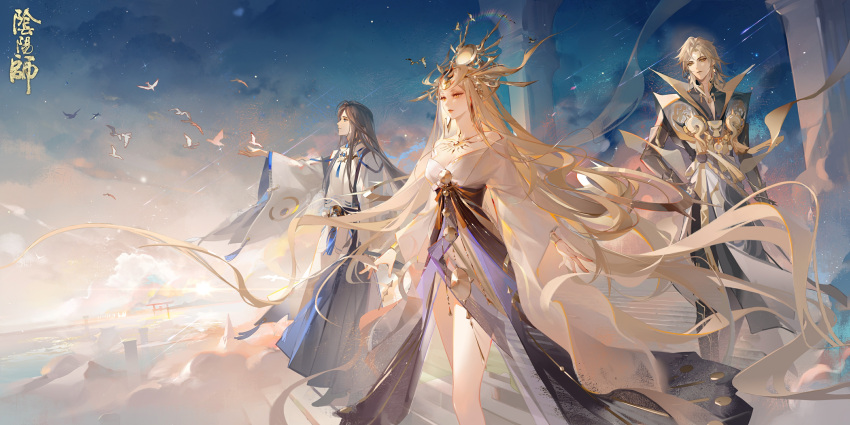 1girl, 2boys, absurdres, amaterasu_(onmyoji), bad_link, bare_shoulders, bird, black_hair