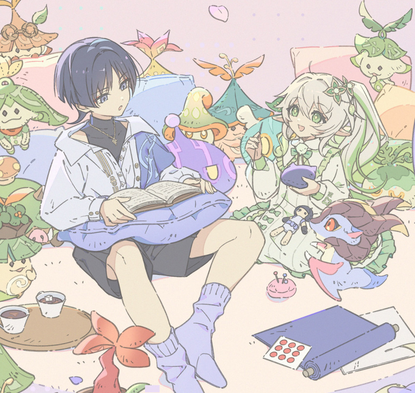 1boy, 1girl, alternate_costume, aranara_(genshin_impact), black_bodysuit, black_hair, black_shorts, blue_shawl