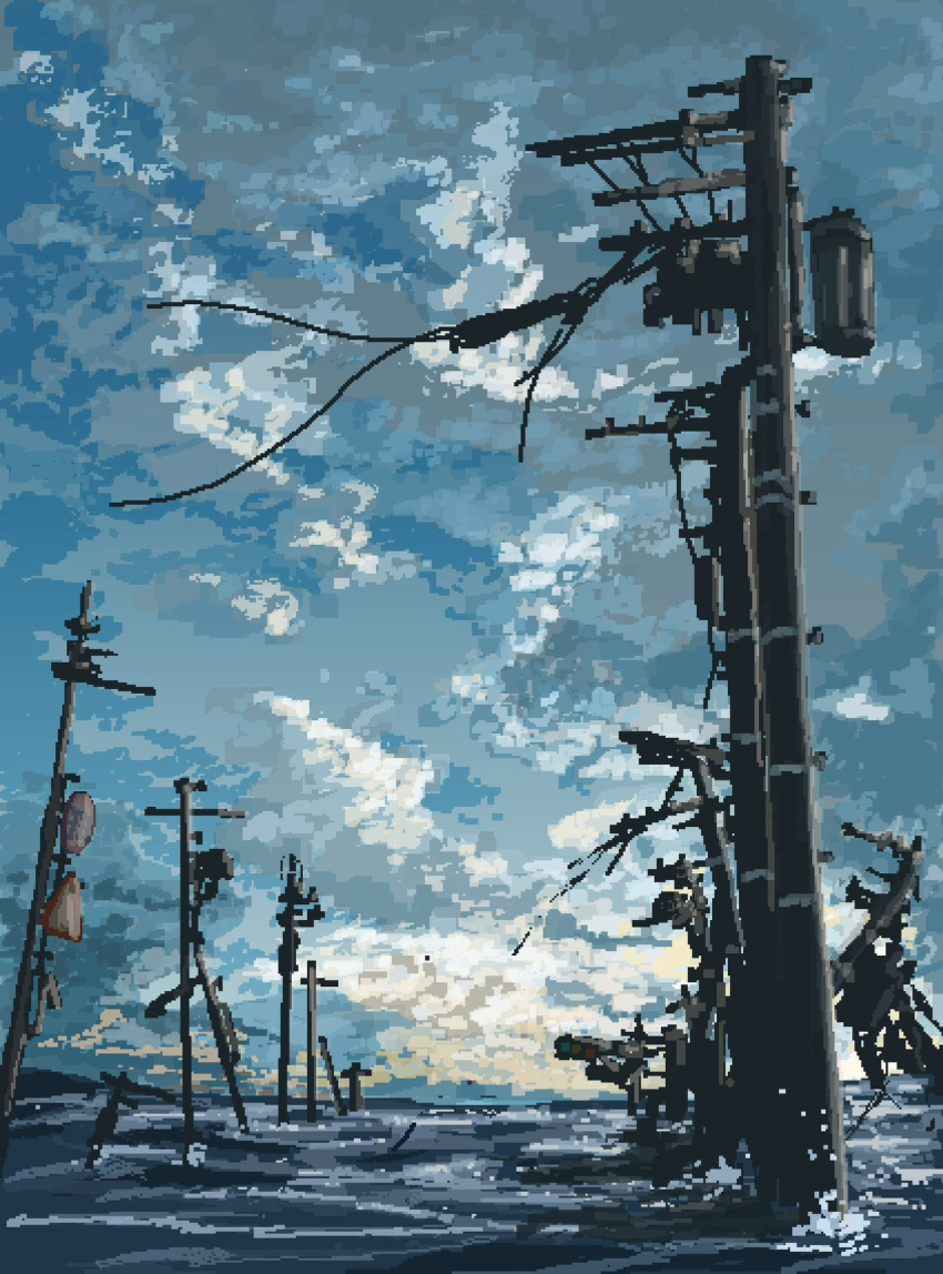 abandoned, atmospheric_perspective, blue_sky, blue_theme, broken_cable, clouds, cloudy_sky, flood