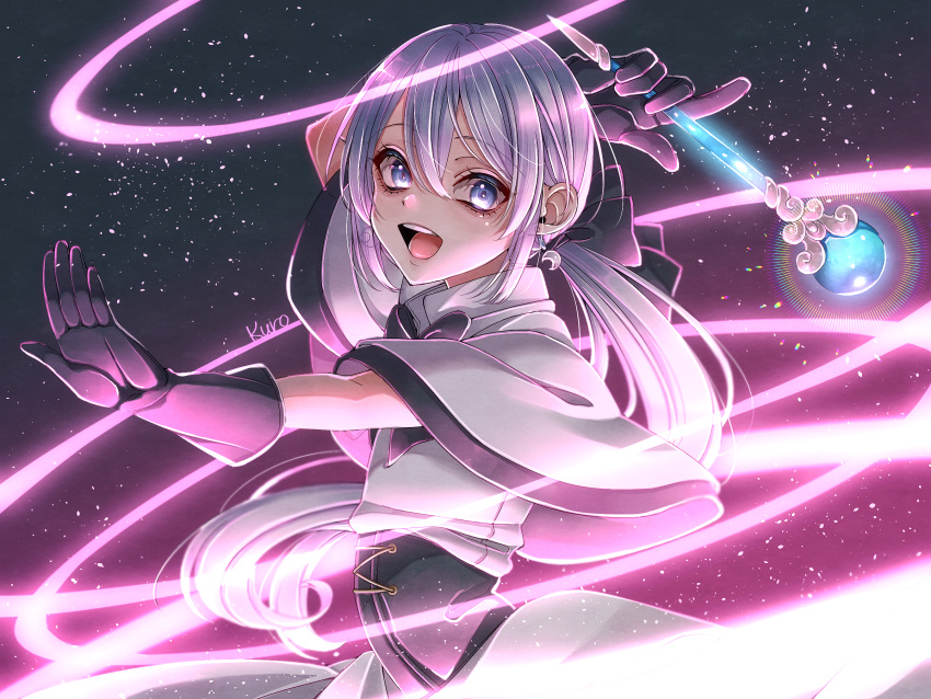 1boy, :d, aegyo_sal, androgynous, arm_up, black_bow, black_corset, black_gloves, black_trim, blue_eyes, bow, capelet, capelet_bow, casting_spell, commentary_request, corset, crescent, crescent_earrings, crossdressing, crossdressing_(mtf), dragon_quest, dragon_quest_x, dress, earrings, floating_clothes, floating_hair, gloves, glowing, grey_background, hair_bow, hero_(dq10), highres, holding, holding_wand, jewelry, kuro11_222, looking_to_the_side, low_ponytail, magic, male_focus, open_mouth, ponytail, smile, solo, trap, upper_body, wand, white_capelet, white_dress, white_hair