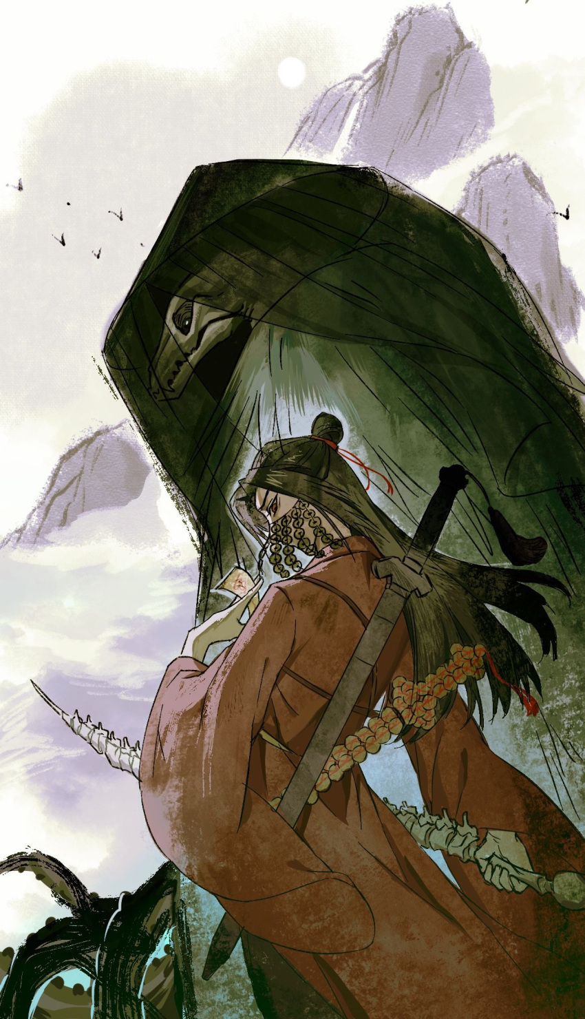 1boy, between_fingers, bird, black_hair, black_hanfu, black_veil, bone, brown_hair, chinese_clothes, chinese_commentary, clouds, coat, coin, coin_mask, coin_sword, covered_mouth, dao_gui_yi_xian, day, from_behind, hair_bun, hair_ribbon, half_updo, hanfu, hidexyz, highres, holding, holding_bone, holding_ofuda, holding_weapon, holed_coin, li_huowang, long_hair, long_sleeves, looking_at_viewer, male_focus, mask, monster, mountain, mouth_veil, ofuda, ofuda_between_fingers, outdoors, red_coat, red_eyes, red_ribbon, ribbon, robe, sheath, sheathed, single_hair_bun, skull, sky, solo, spine, spine_sword, standing, sword, sword_on_back, sword_tassel, tassel, tentacles, veil, weapon, weapon_on_back, wide_sleeves, xuan_pin, zhuge_yuan_(skeleton)