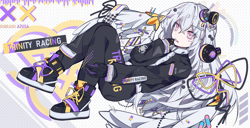 1girl, abigcarrot_owo, absurdres, alternate_costume, azusa_(blue_archive), black_racing_suit, black_shoes, blue_archive, character_name, full_body, gloves, hair_ornament, headphones, highres, long_hair, multicolored_eyes, pink_eyes, racing_suit, shoes, solo, tagme, white_hair