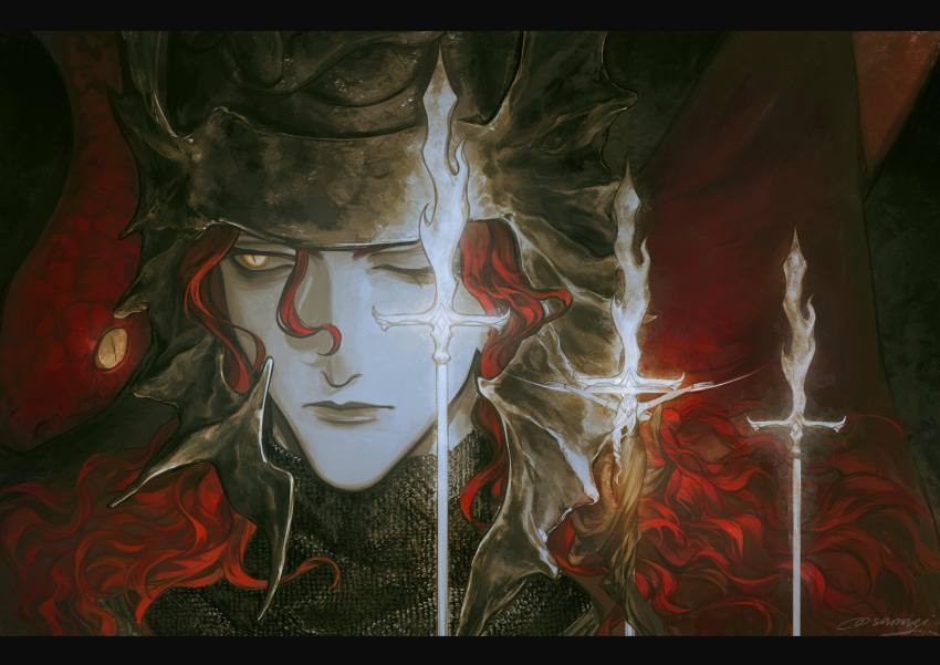 1boy, 1girl, absurdres, armor, chainmail, closed_mouth, elden_ring, helmet, highres, lips, long_hair, looking_to_the_side, messmer_the_impaler, one_eye_closed, portrait, red_hair, slit_pupils, sneak, solo, solo_focus, ssanagi00, upper_body, weapon, yellow_eyes