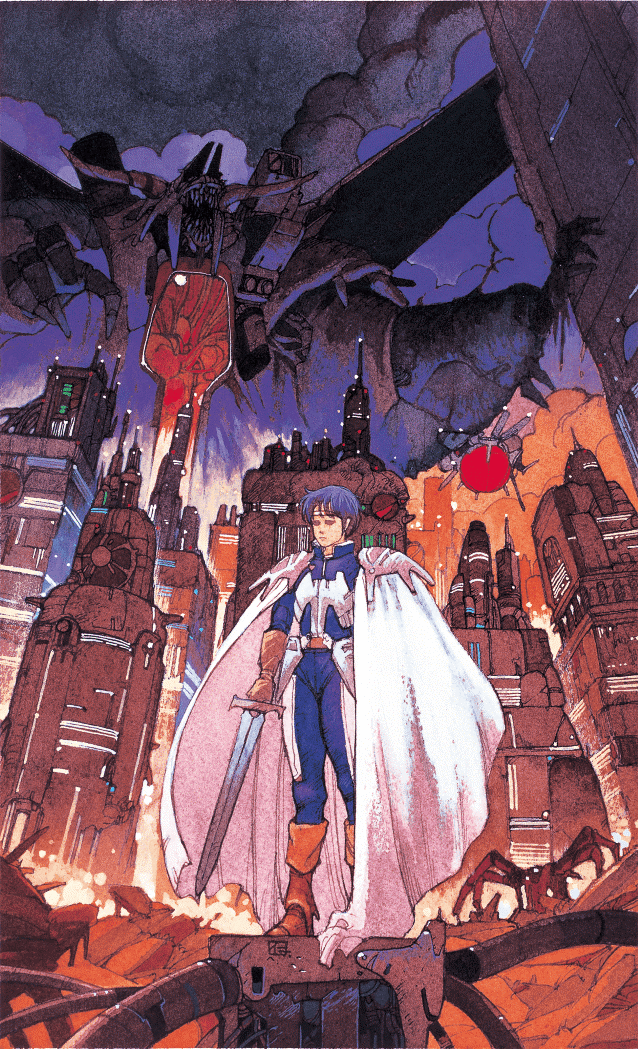 1boy, armor, belt, blue_hair, boots, box_art, brown_boots, building