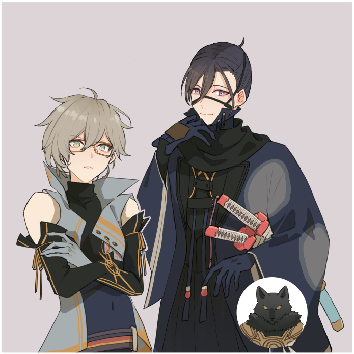 3boys, :<, ahoge, bare_shoulders, black_gloves, black_hair, black_hakama, black_jacket