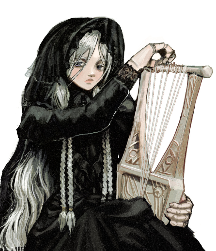 1girl, absurdres, black_dress, black_veil, bonnet, braid, closed_mouth, colored_eyelashes