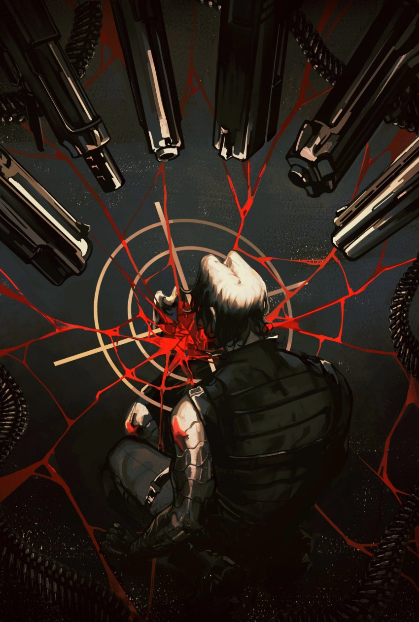 1boy, ammunition, back, bare_shoulders, belt, black_belt, black_hair, bucky_barnes
