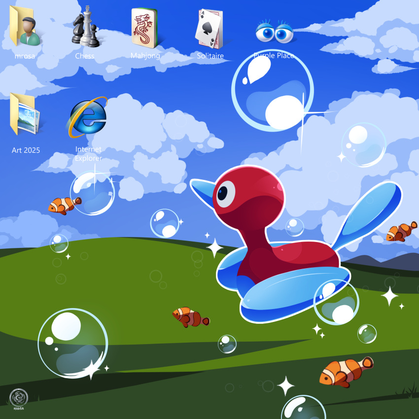 absurdres, bliss_(image), bubble, card, cherrymezcal, chess_piece, clouds, clownfish