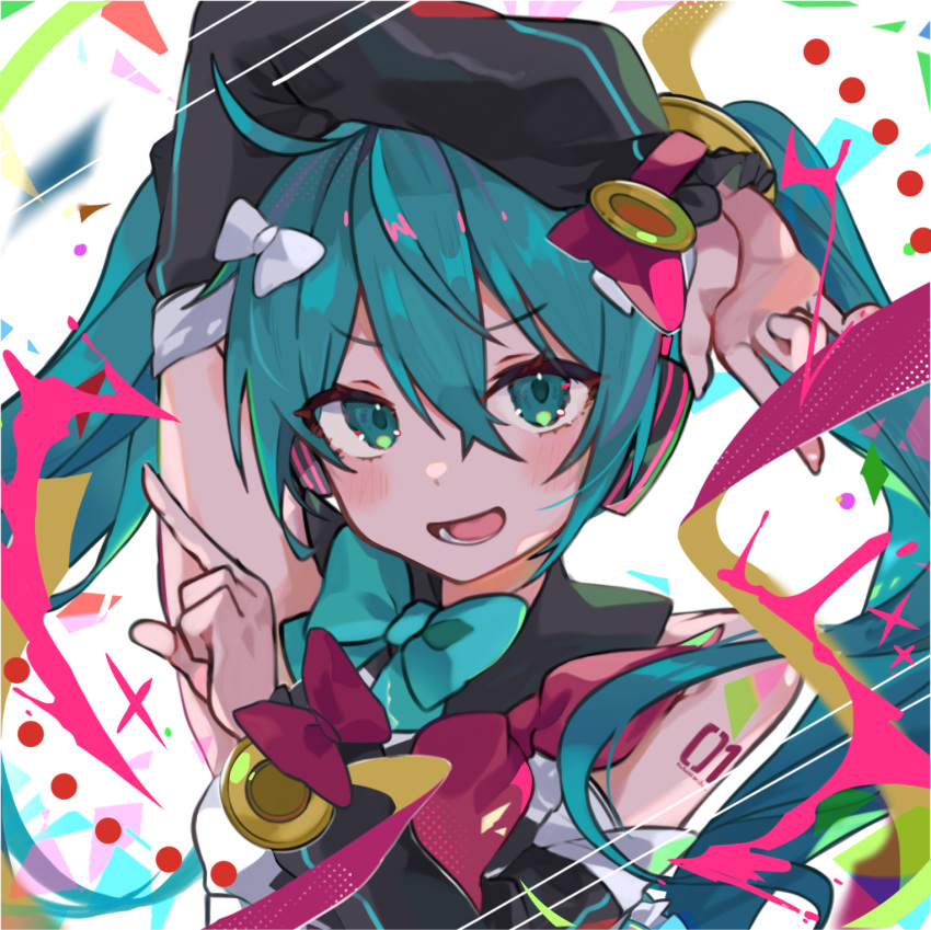 arm_over_head, bare_shoulders, black_sleeves, blue_eyes, blue_hair, bow, detached_sleeves, hair_ornament, hatsune_miku, headphones, highres, koutya_cat, long_hair, looking_at_viewer, number_tattoo, open_mouth, simple_background, smile, tattoo, twintails, very_long_hair, vocaloid