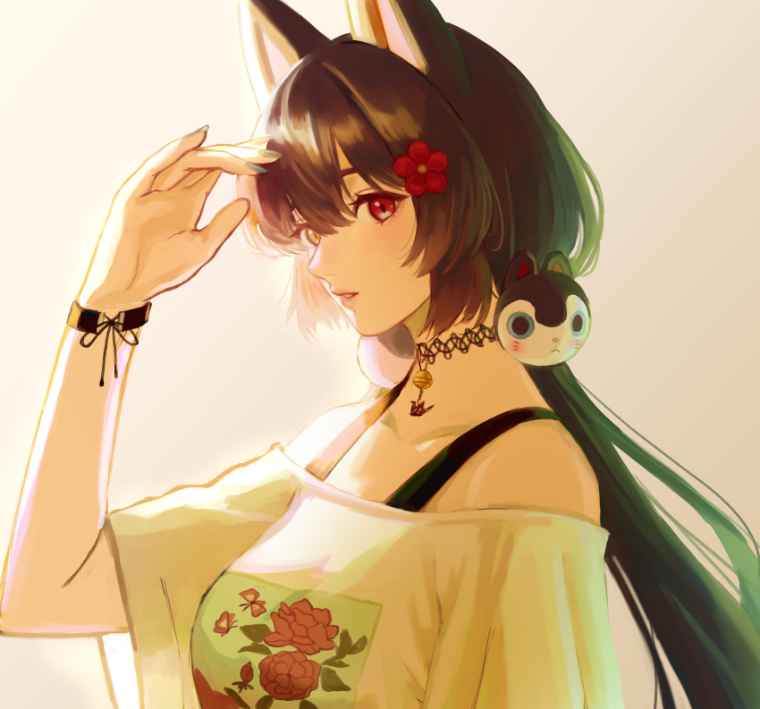 1girl, absurdres, animal_ears, animal_hair_ornament, bare_shoulders, blue_nails, breasts, brown_background, brown_hair, choker, collarbone, commentary_request, dog_ears, floral_print_shirt, flower, from_side, hair_flower, hair_ornament, hand_up, heterochromia, highres, inui_toko, inui_toko_(2nd_costume), lace, lace_choker, lips, long_hair, looking_at_viewer, looking_to_the_side, medium_breasts, nail_polish, nijisanji, off-shoulder_shirt, off_shoulder, parted_lips, pendant_choker, red_eyes, shading_eyes, shirt, short_sleeves, simple_background, solo, twitter_username, upper_body, usasuzu, very_long_hair, virtual_youtuber, white_shirt, wrist_straps, yellow_eyes