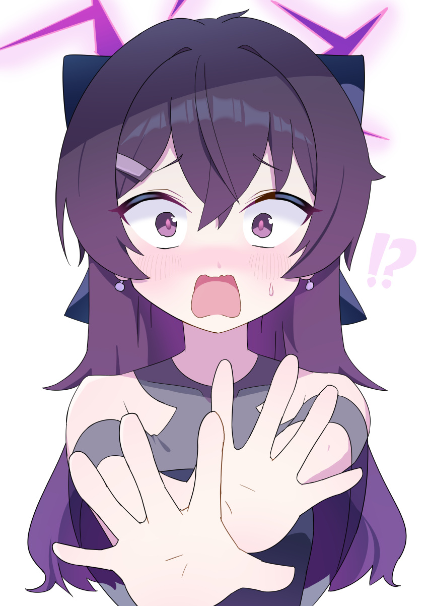 !?, 1girl, absurdres, bare_shoulders, black_bow, blue_archive, blush, bow, chinese_commentary, commentary_request, dress, earrings, embarrassed, furrowed_brow, grey_dress, hair_between_eyes, hair_bow, hair_intakes, halo, haruka_(blue_archive), haruka_(dress)_(blue_archive), highres, jewelry, lcz, long_hair, looking_at_viewer, nose_blush, off-shoulder_dress, off_shoulder, official_alternate_costume, official_alternate_hairstyle, open_mouth, outstretched_arms, outstretched_hand, purple_hair, purple_halo, purple_pupils, simple_background, solo, sweatdrop, upper_body, violet_eyes, wavy_mouth, white_background, wide-eyed