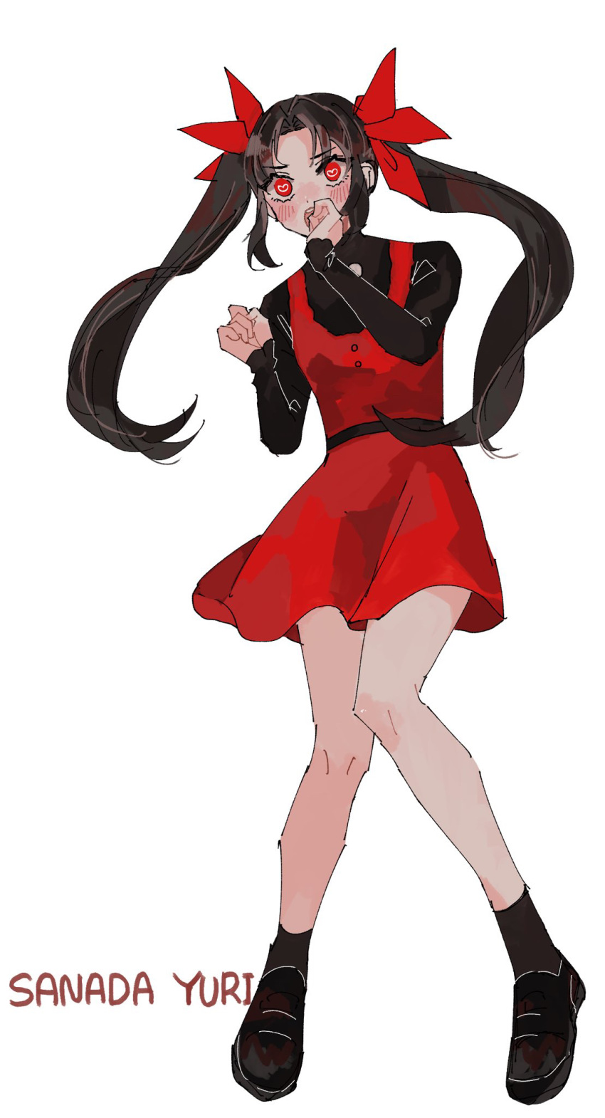 1girl, aged_down, black_hair, black_shirt, black_socks, blush, clenched_hands, dress